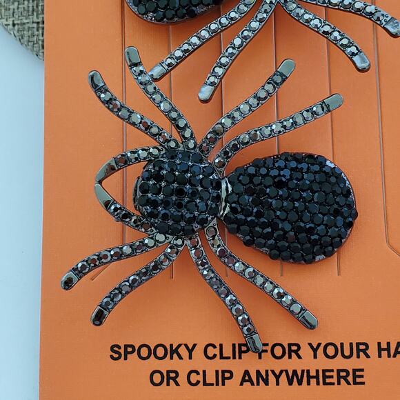 Halloween Piper-K Spider Hair Clips Set of 2 Black Rhinestones Goth Scary 2 inch - Picture 3 of 6